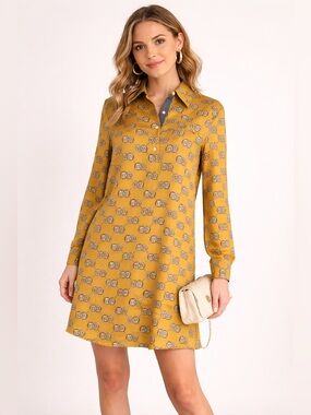 J. McLaughlin Shirt Dress Small Mustard Chain Print Preppy